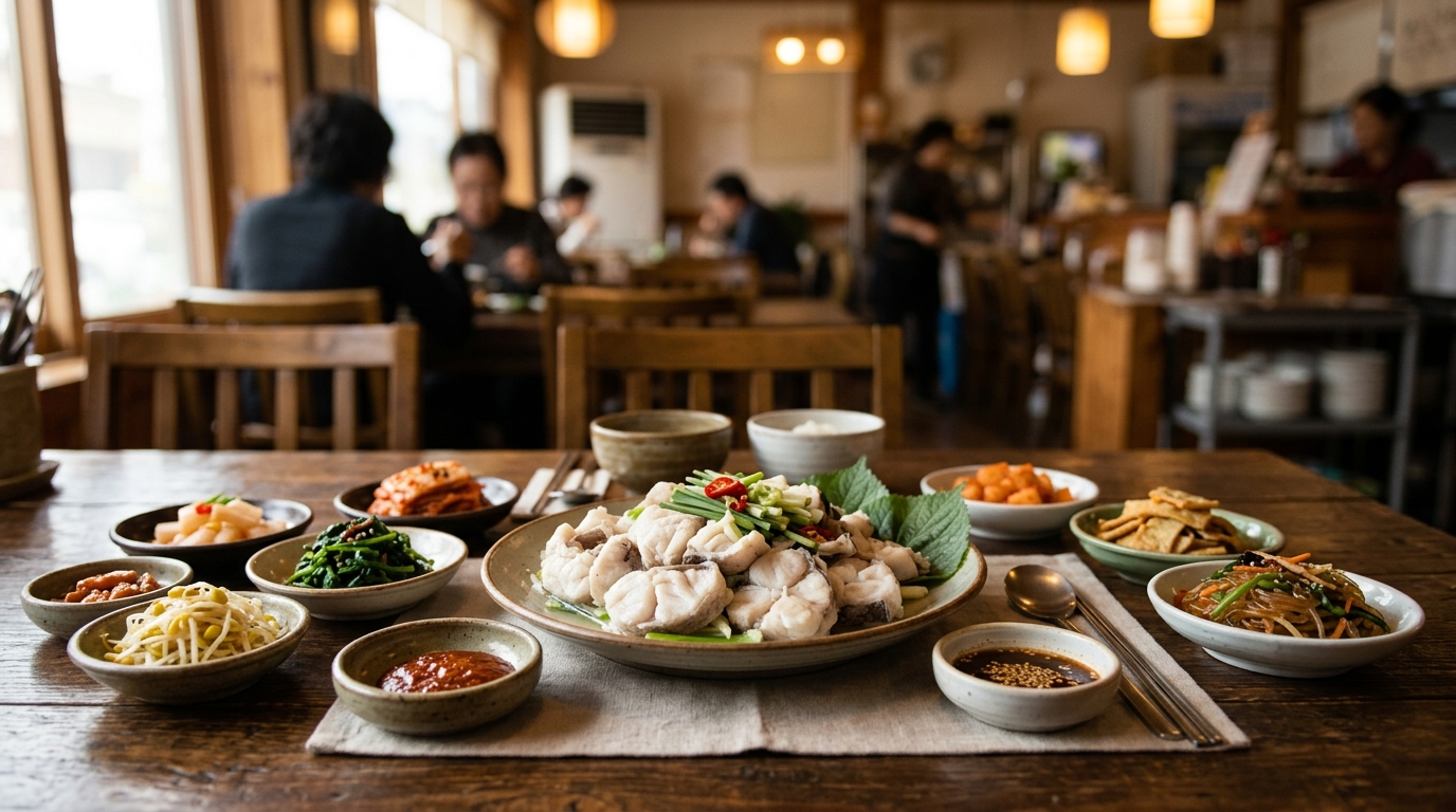 정갈하게 차려진 아귀수육 한 상차림, 다양한 곁들임 반찬