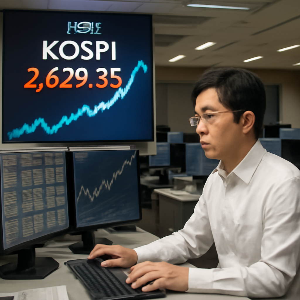 코스피 상승 그래프와 금융 데이터 분석 중인 모습