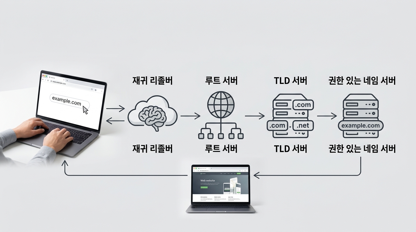 도메인 이름이 IP 주소로 변환되는 DNS 조회 과정